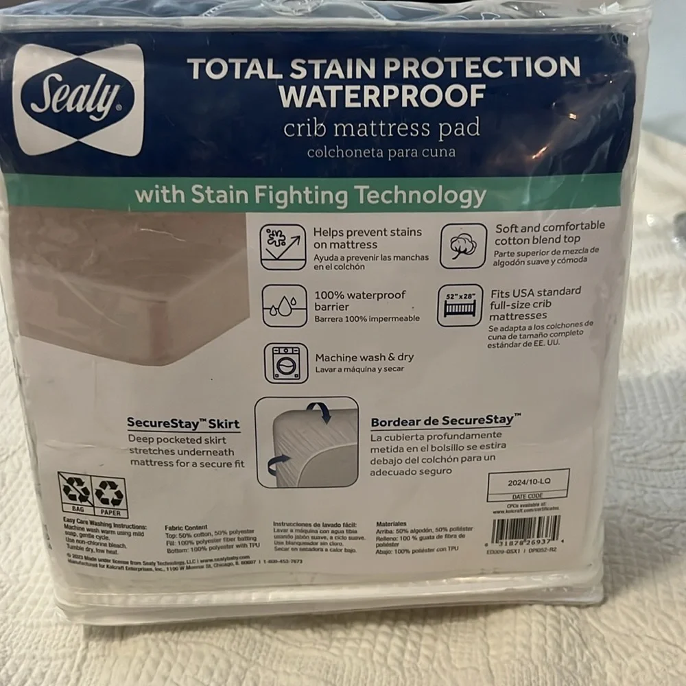 Sealy White Crib Mattress Pad with Stain Protection- New in package